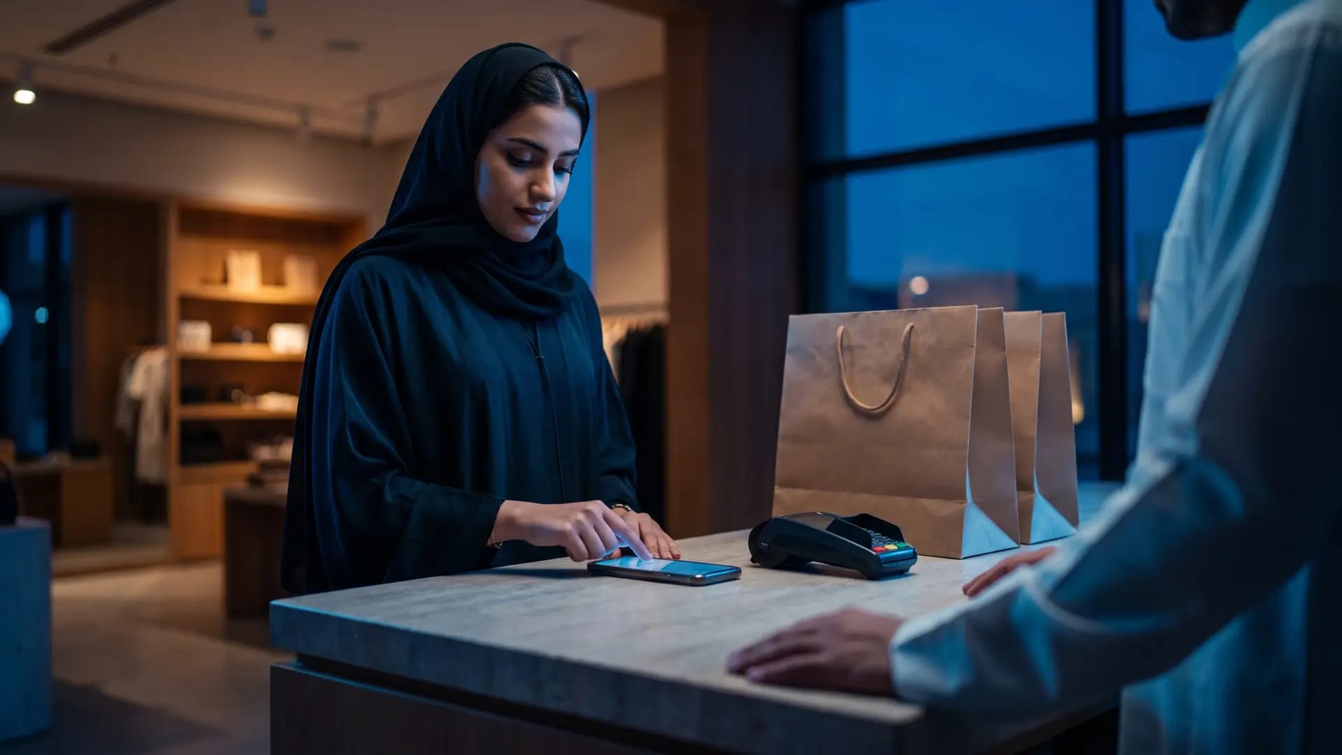 A shopper paying by smartphone at a stone checkout counter in a modern Saudi boutique at dusk