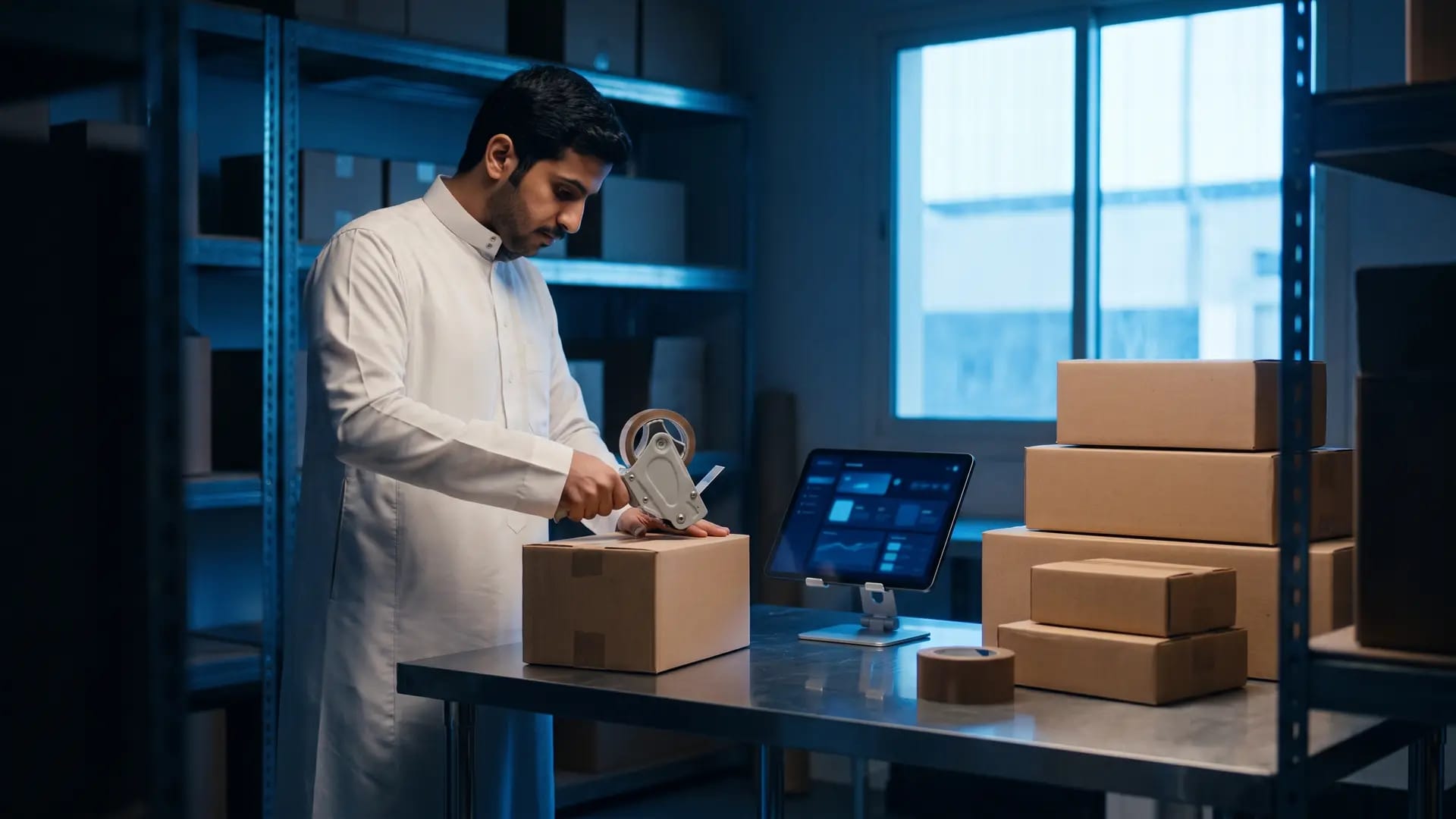 A Saudi merchant taping a plain cardboard box at a packing bench beside a tablet showing an abstract blue dashboard