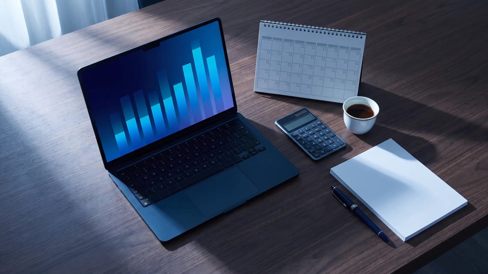 Overhead view of a finance manager's desk with a laptop showing abstract blue charts, a blank desk calendar, a calculator and Arabic coffee