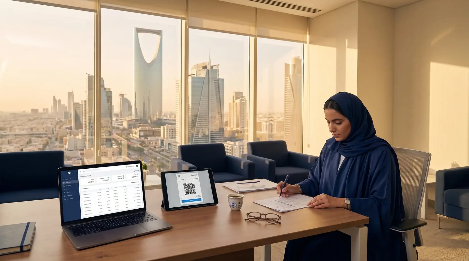 Saudi finance professional reviewing a bilingual VAT dashboard with Riyadh skyline in the background
