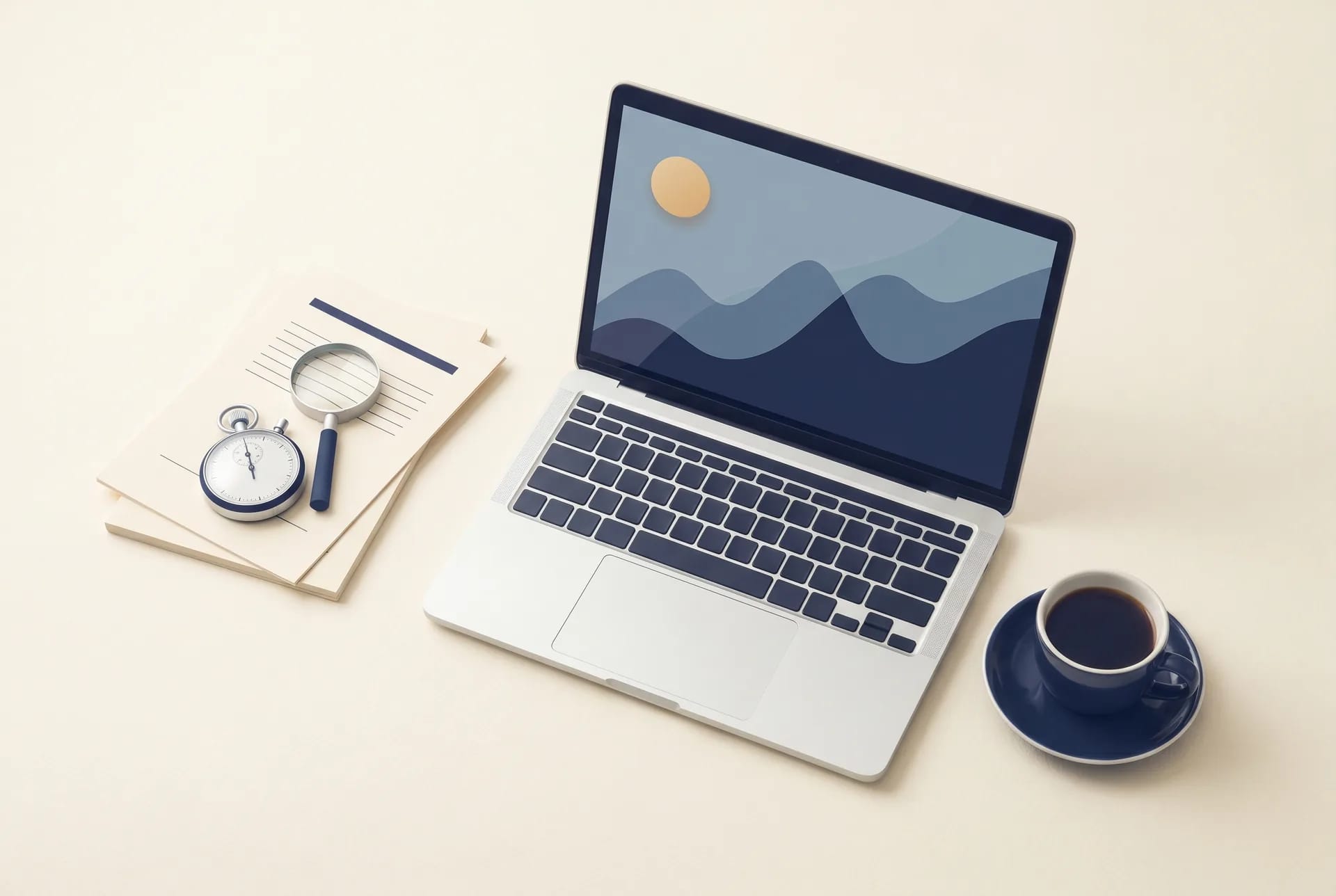 A laptop on a cream desk beside a stopwatch, magnifying glass and paper notes — representing the careful due diligence required to avoid Phase 2 implementation pitfalls