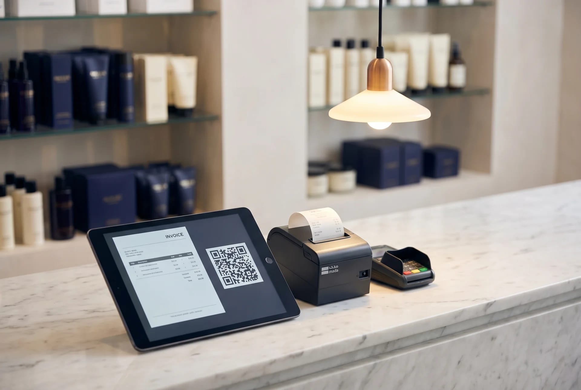 Retail cashier counter with a point-of-sale tablet displaying a QR-coded invoice, a thermal receipt printer and a mada card reader