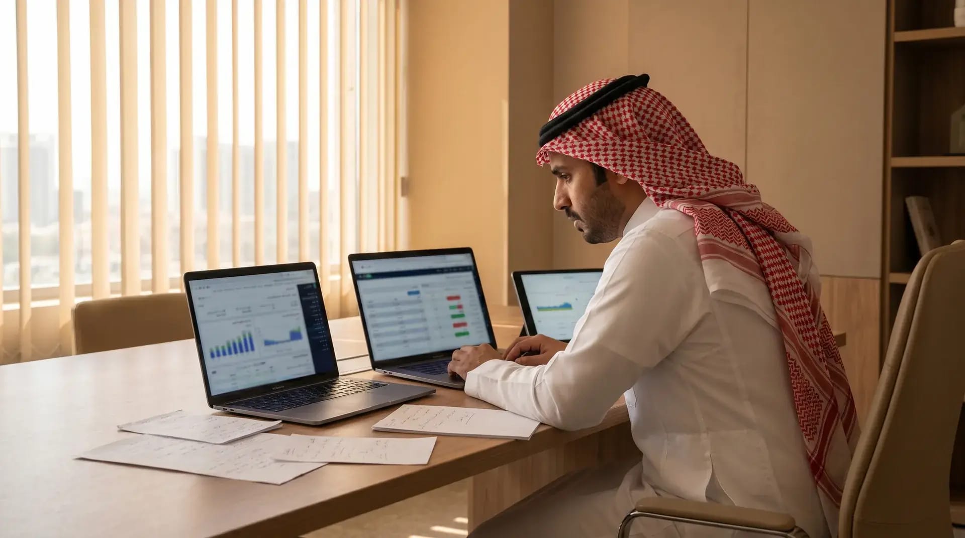 A Saudi SME owner in a white thobe reviewing accounting dashboards across multiple laptops while comparing software options