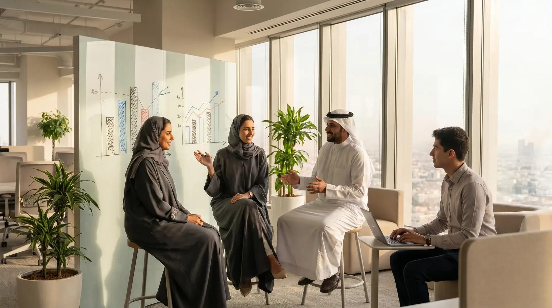 A small Saudi finance team collaborating at a whiteboard, discussing a cost comparison with soft Riyadh afternoon light streaming through windows
