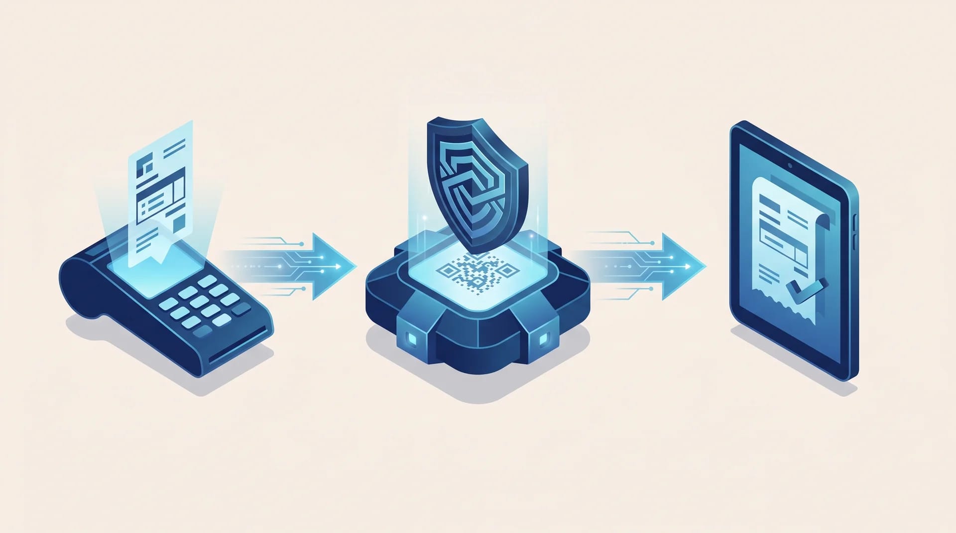 Illustration of ZATCA Phase 2 e-invoicing clearance flow from merchant terminal through the FATOORA gateway to buyer device