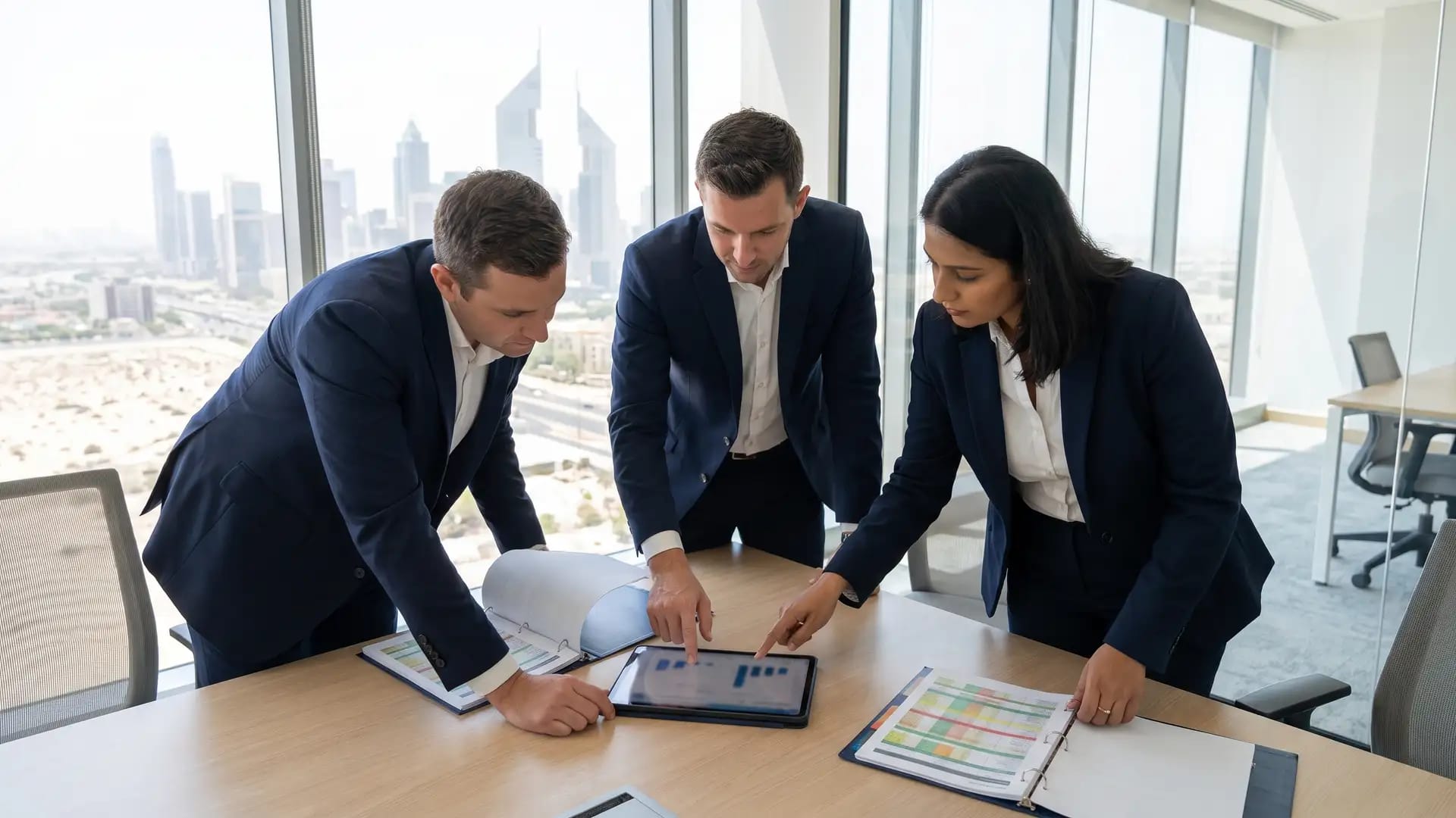 Colleagues comparing financial reports and a tablet across a meeting table in a Gulf office