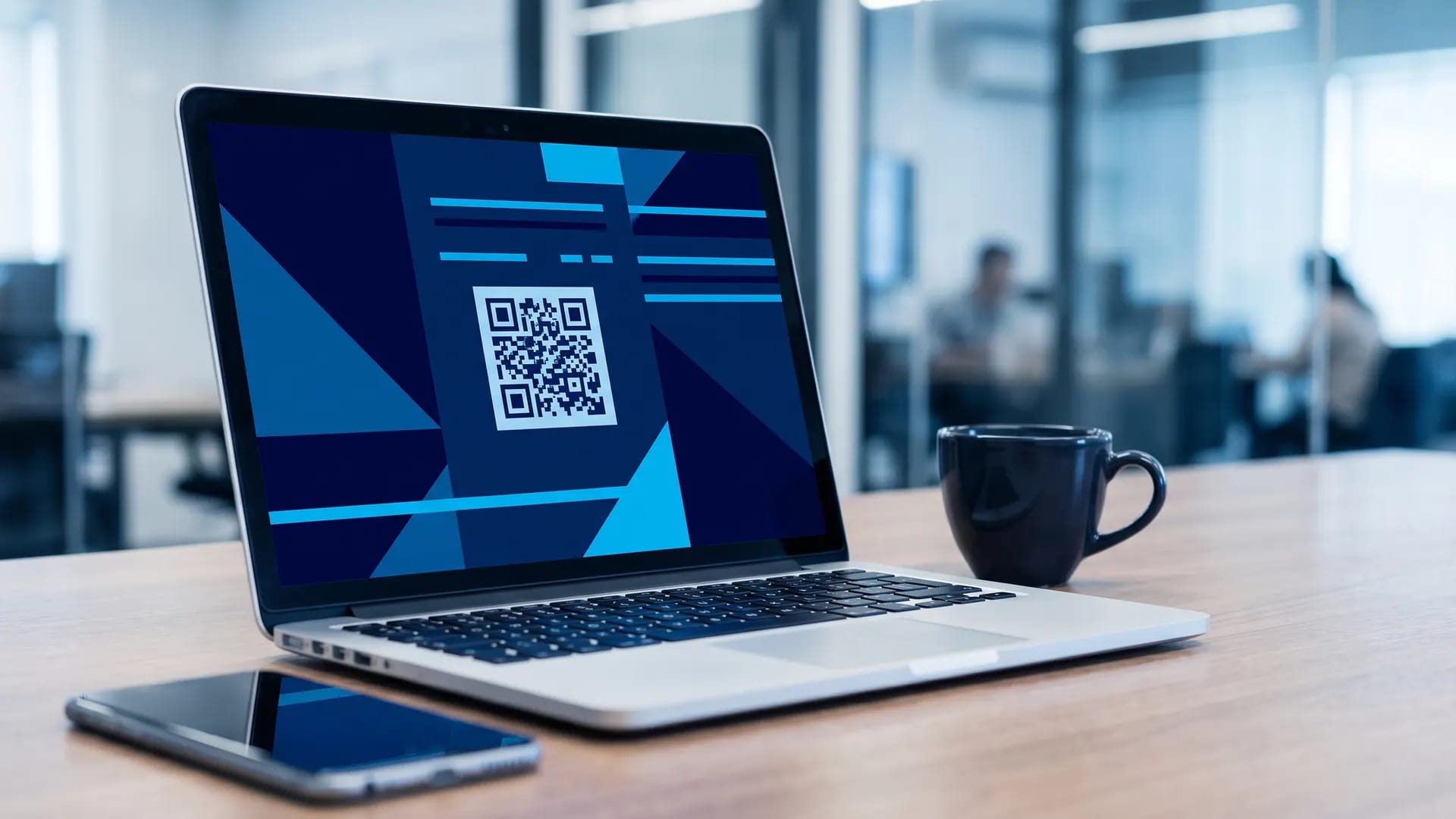 A laptop displaying an invoice document with a compliance QR code on an office desk