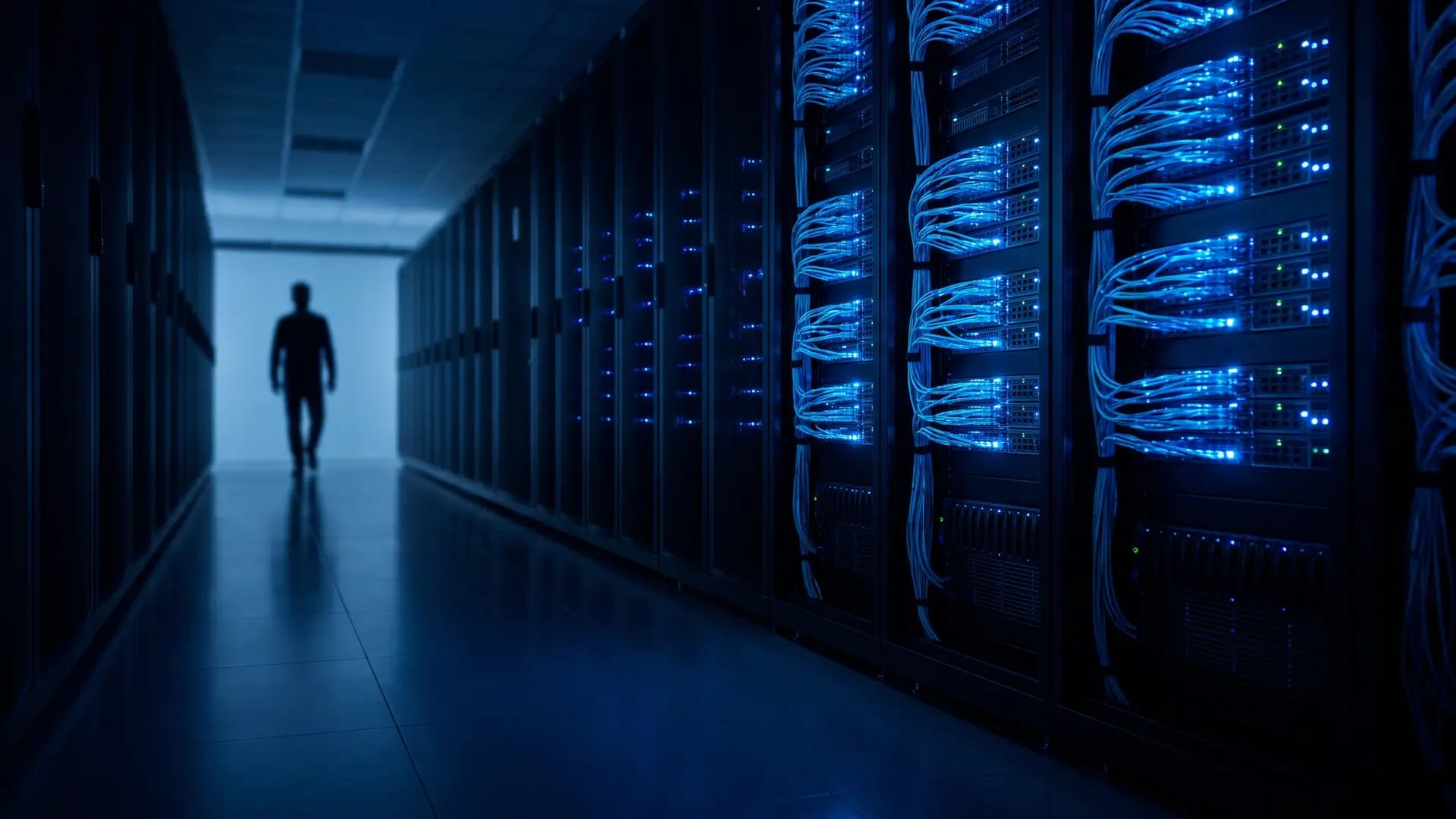 A dark data centre aisle lined with server racks lit by rows of blue status indicators, with a lone engineer silhouetted at the far end
