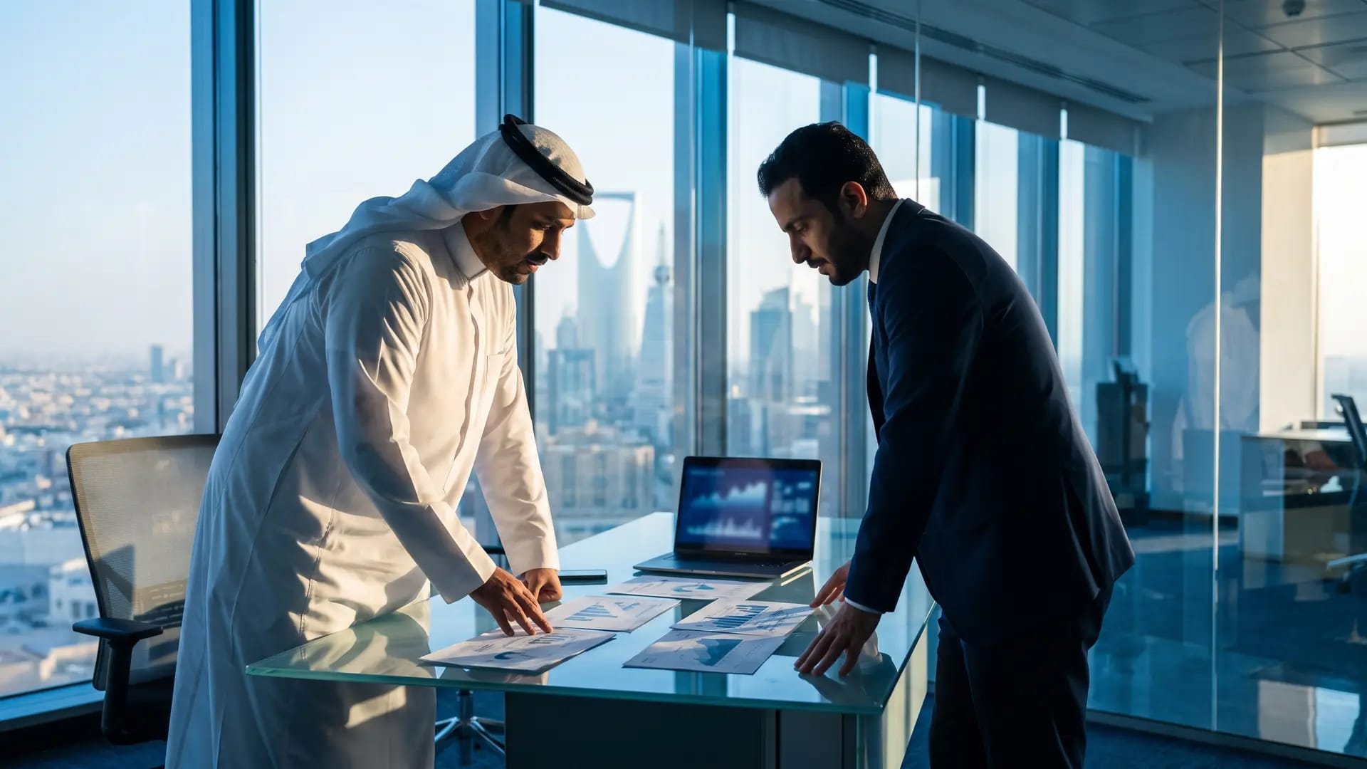 Two Saudi finance professionals reviewing printed compliance documents and a laptop in a Riyadh office overlooking the city skyline