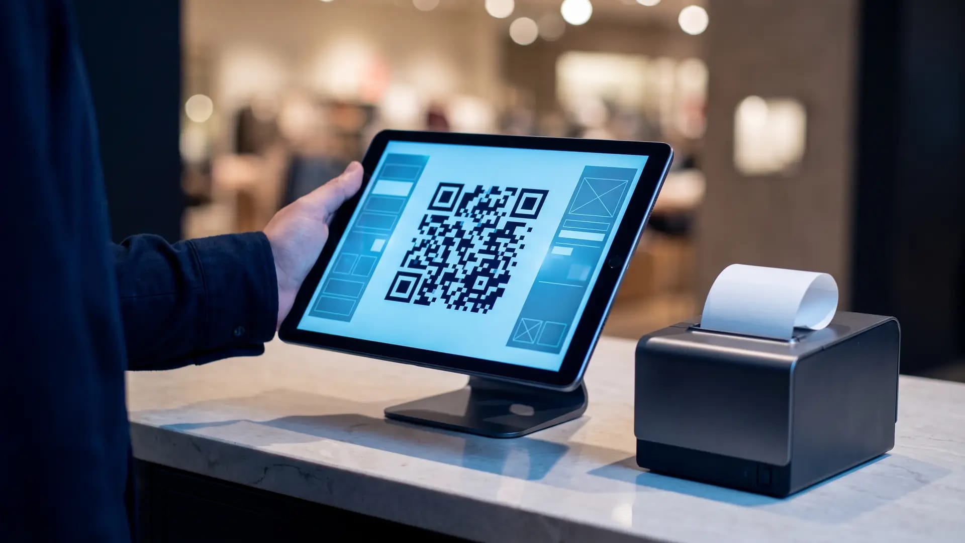A hand holding a tablet at a retail checkout counter displaying a machine-readable square code beside a thermal receipt printer