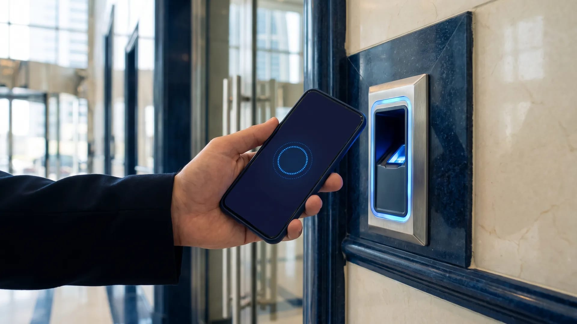 A hand holding a smartphone up to a wall-mounted biometric attendance terminal at the entrance of a Gulf office building