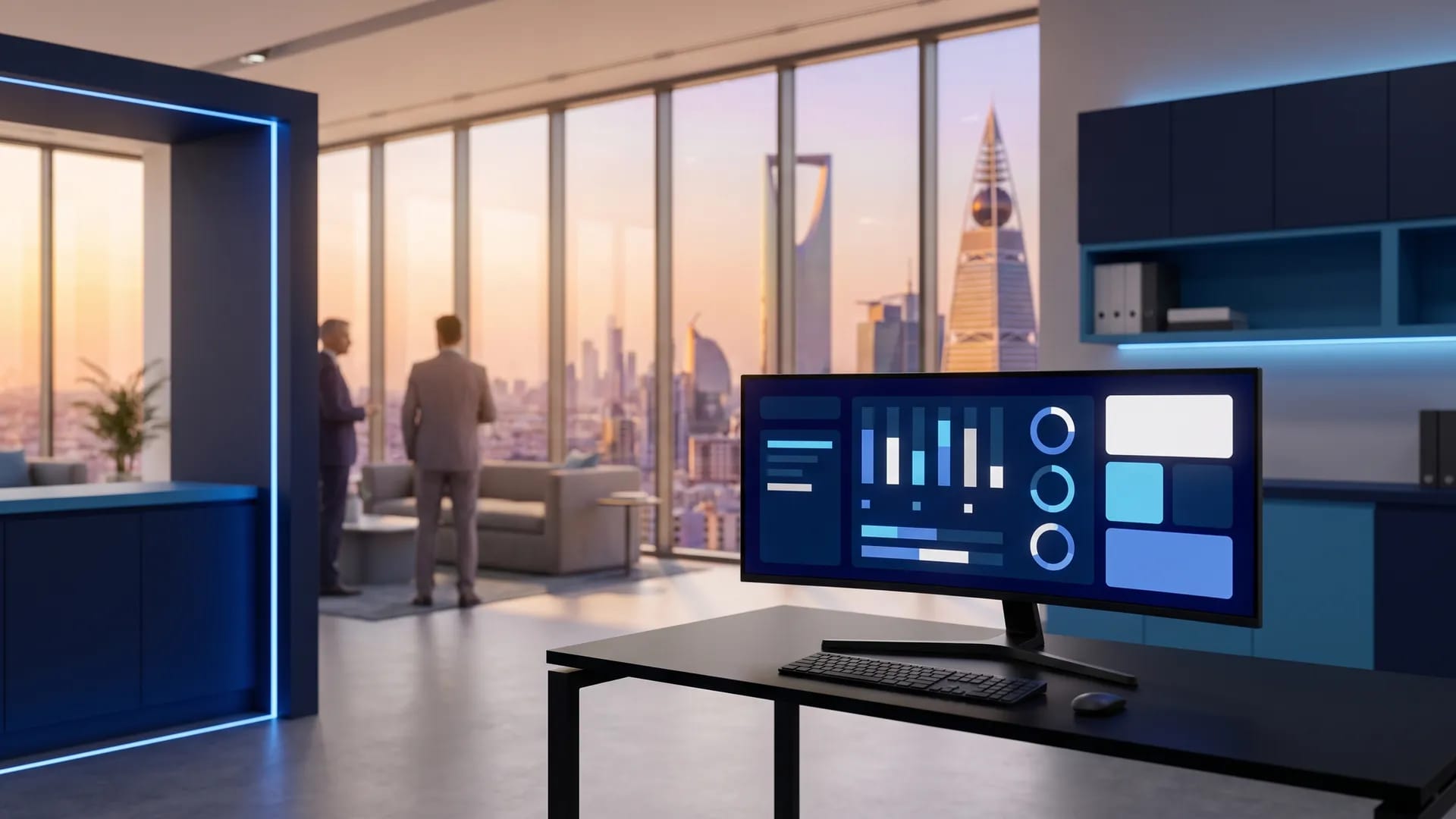 Modern HR department office in Riyadh at golden hour with a workstation displaying a workforce analytics dashboard and the city skyline beyond