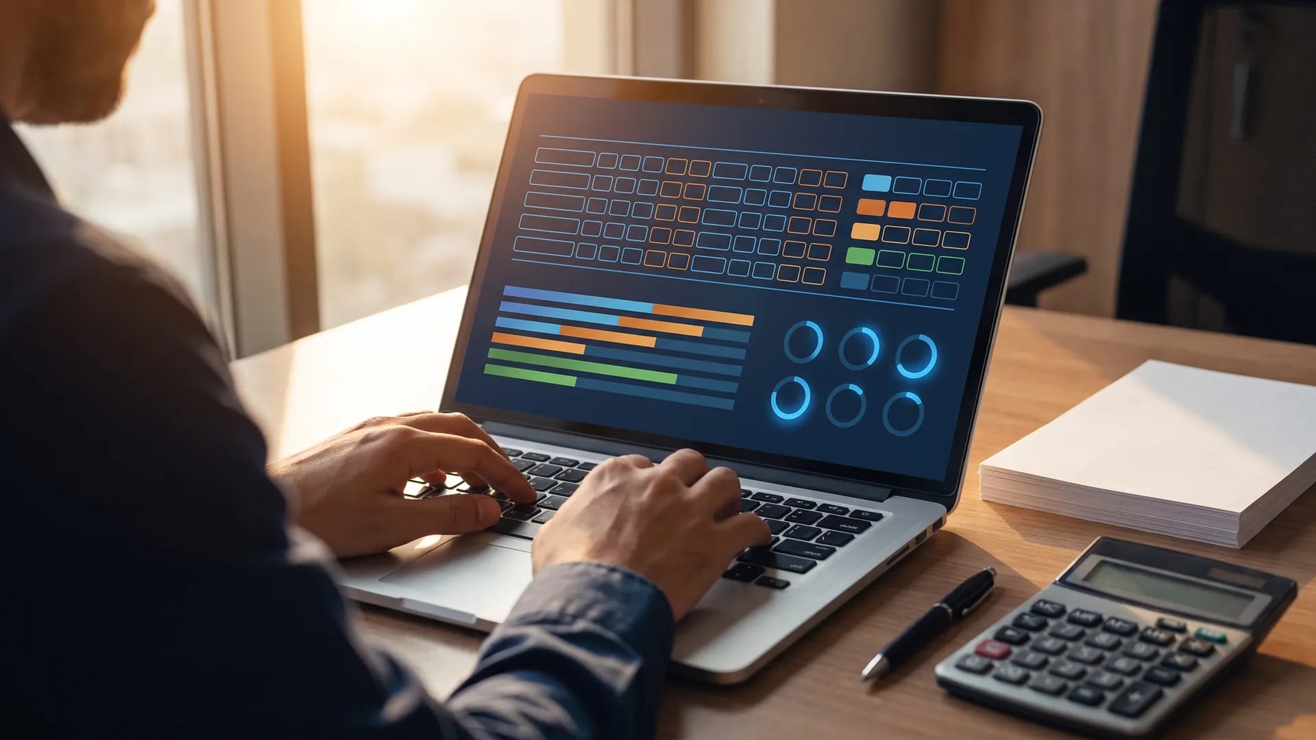 Close-up of a payroll accountant working at a laptop showing an abstract financial dashboard, with a calculator and documents on the desk