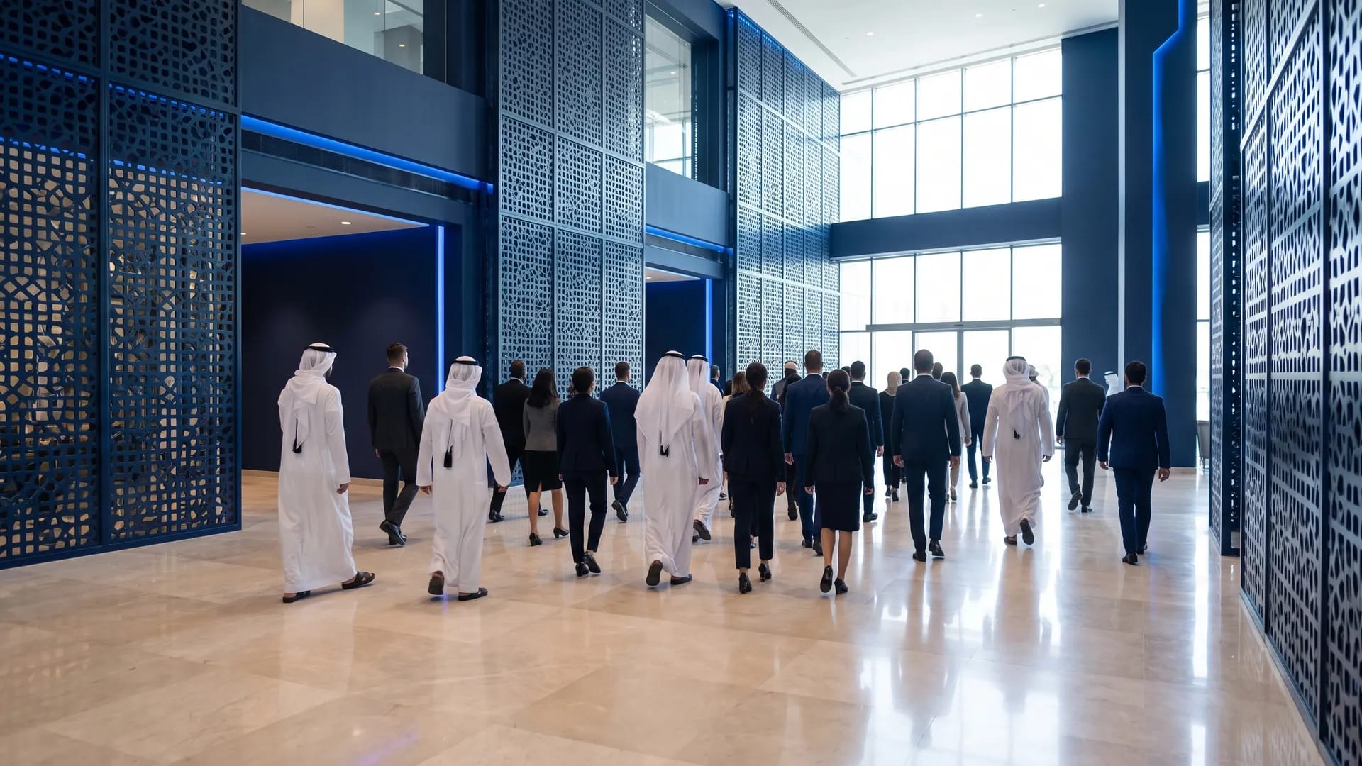 Employees in a mix of thobes and business suits walking through a modern Saudi corporate lobby with geometric mashrabiya screens