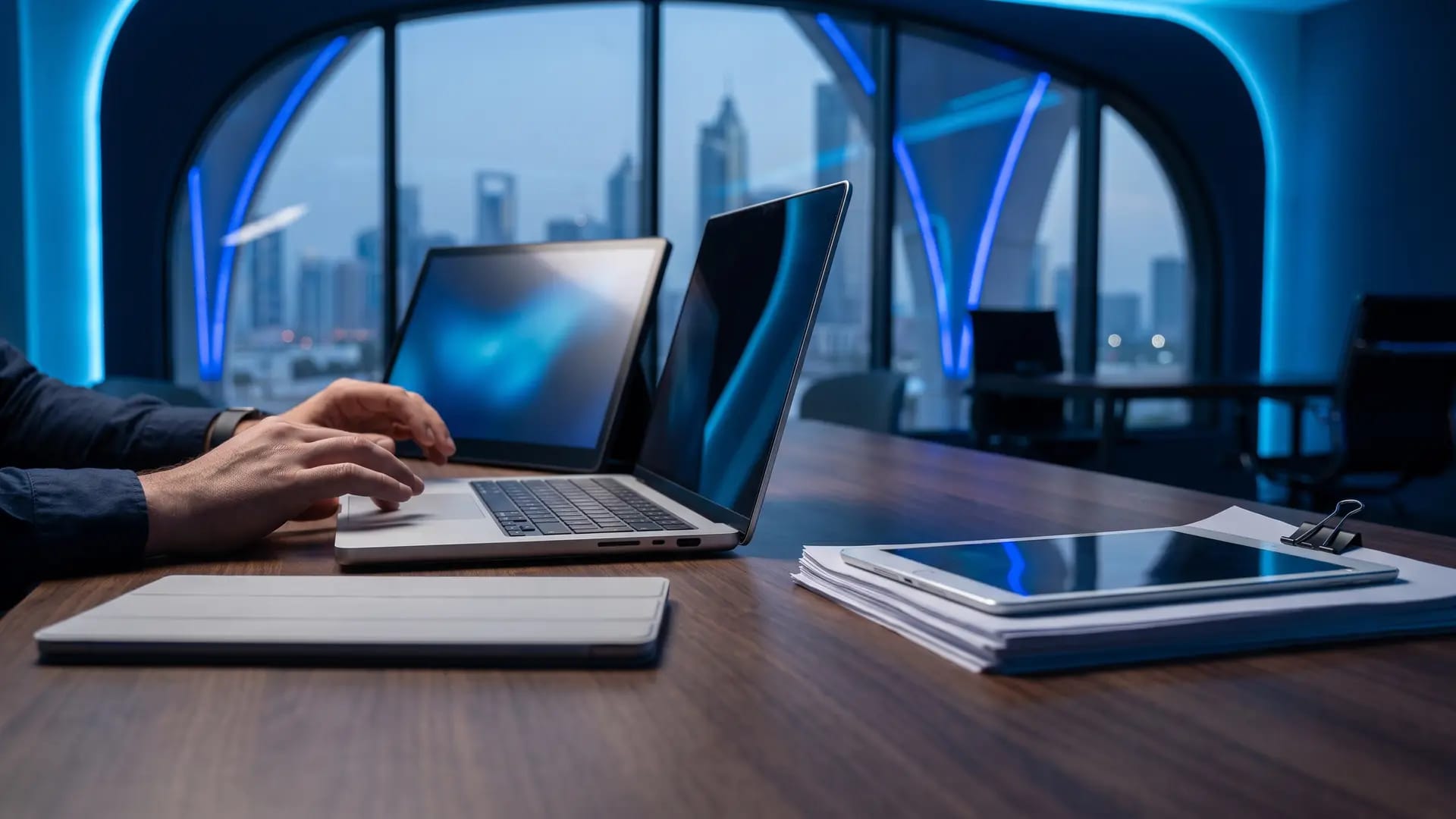 An accountant's hands at a dark wood desk with a laptop, a second screen, clipped documents and a tablet in a blue-lit modern Gulf office