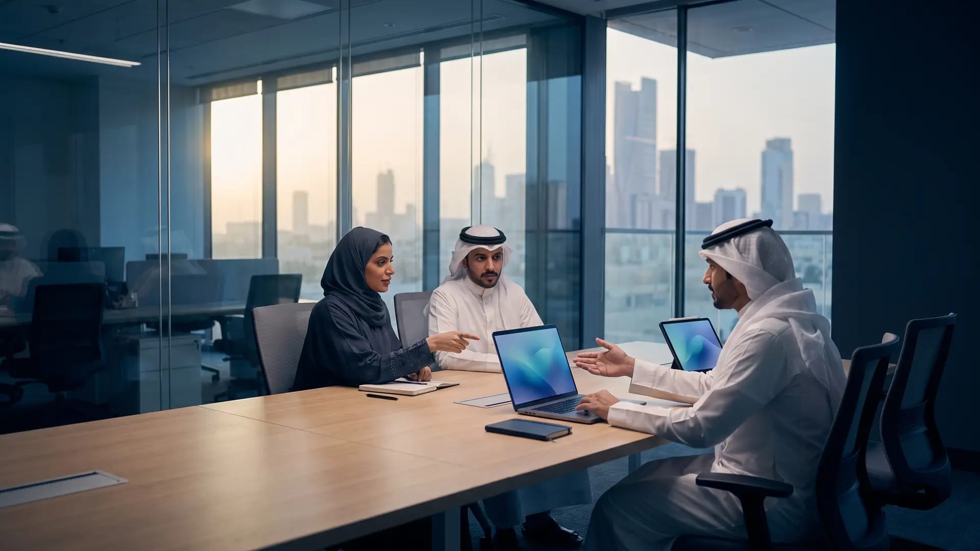 Three Saudi colleagues with laptops and a tablet discussing work at a light oak table in a Riyadh meeting room with the skyline behind