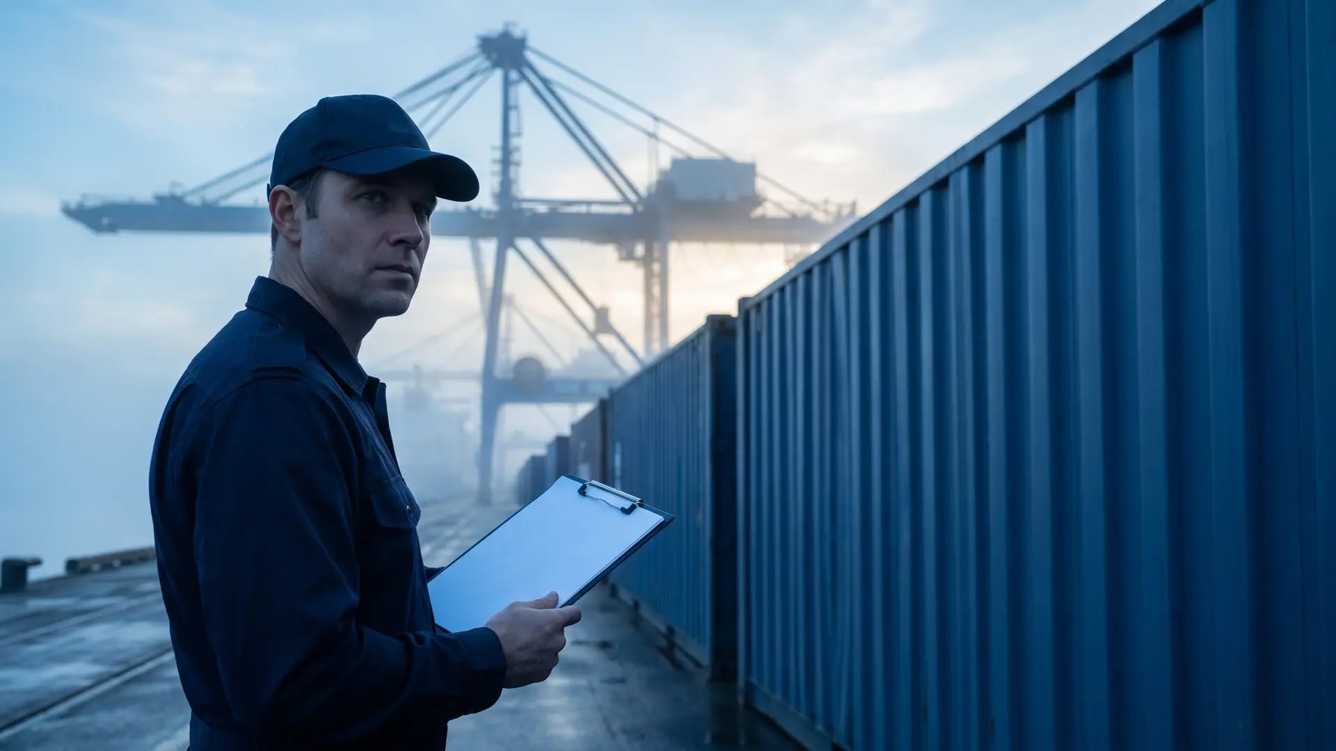 A logistics officer in a dark uniform holding a blank clipboard beside stacked shipping containers and a gantry crane at a container terminal in morning haze