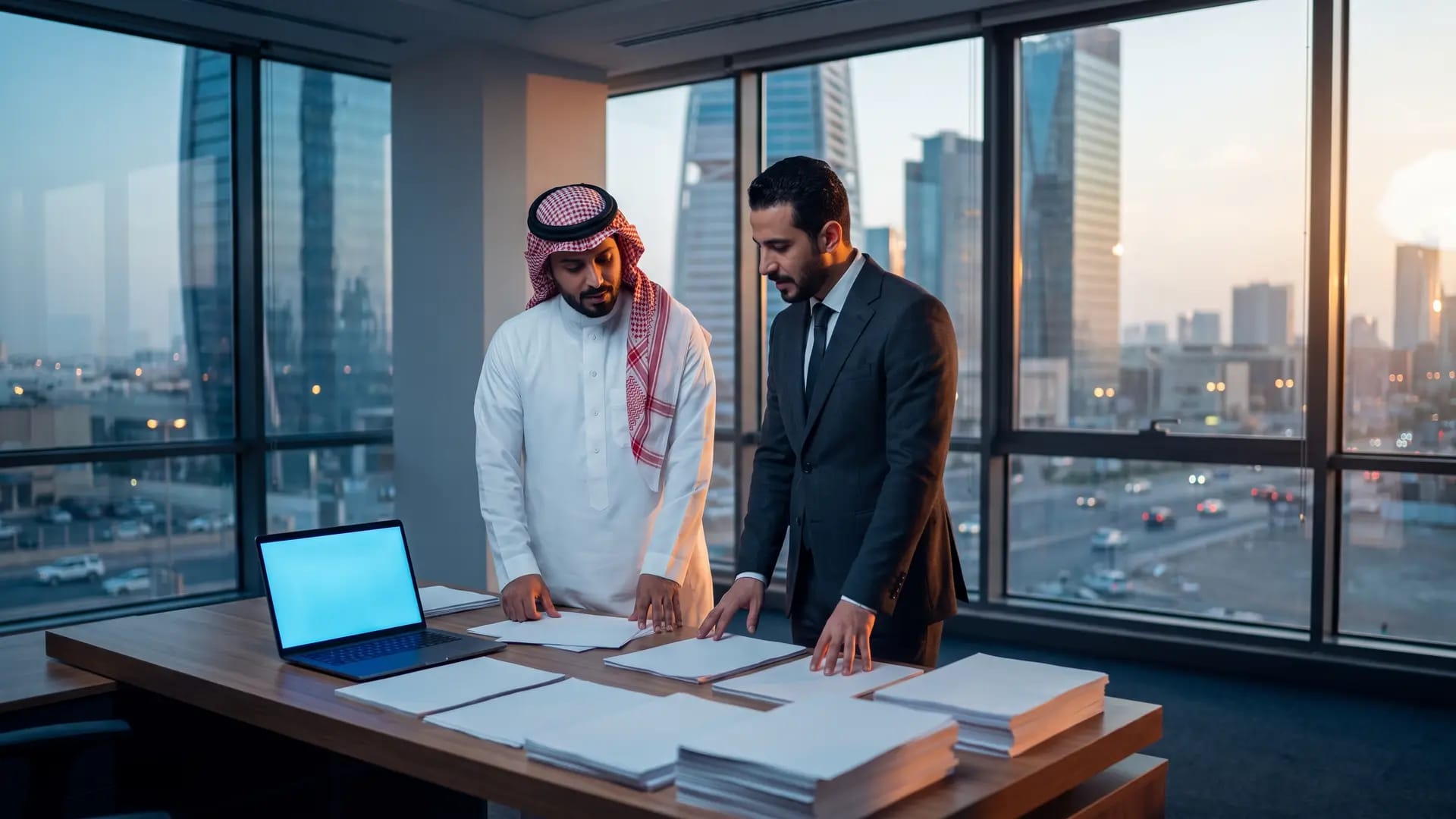 Two Saudi trade professionals reviewing stacks of unmarked printed documents at a desk in a Riyadh office overlooking the skyline at dusk