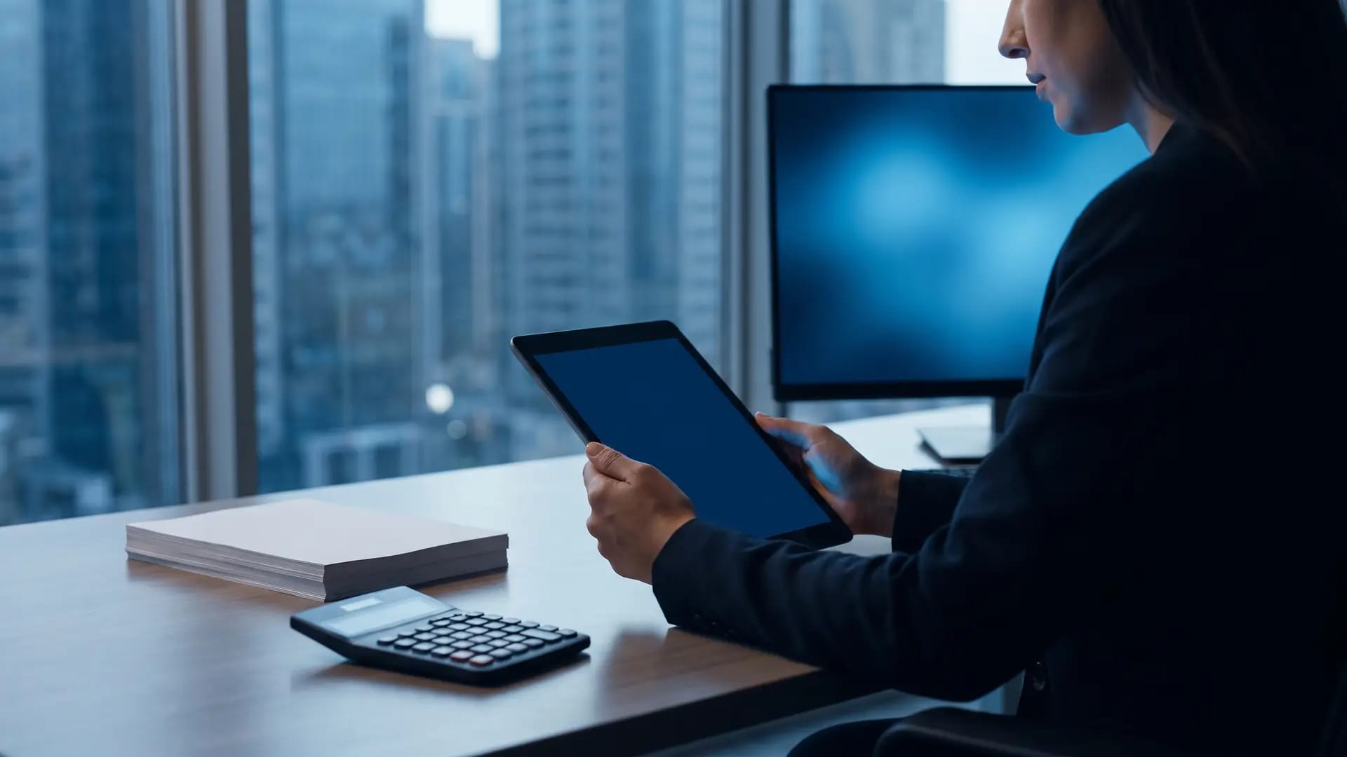 A finance professional at a desk in a modern city office reviewing a blank tablet screen beside a monitor, an unmarked stack of paper and a calculator