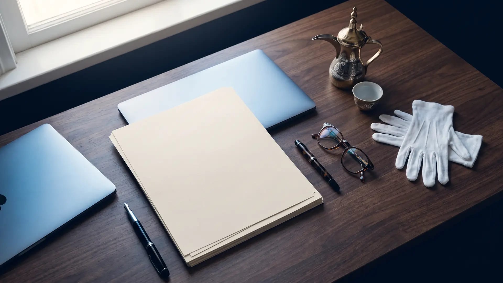 An overhead view of blank cream documents, a fountain pen, reading glasses and a brass Arabic coffee pot arranged on a dark walnut desk
