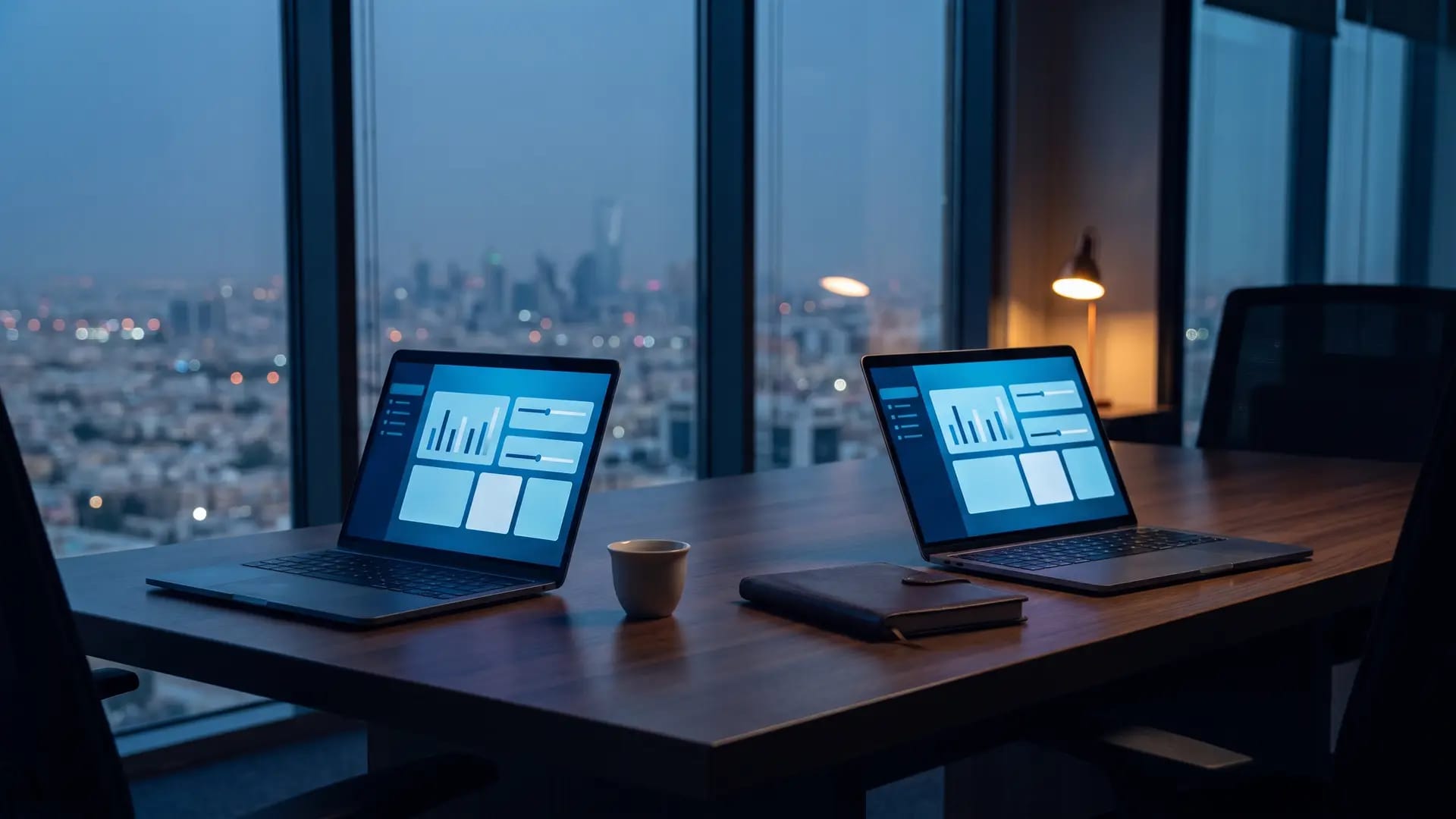 Two laptops facing each other across a dark wooden desk in a Riyadh office at dusk, each showing an accounting dashboard