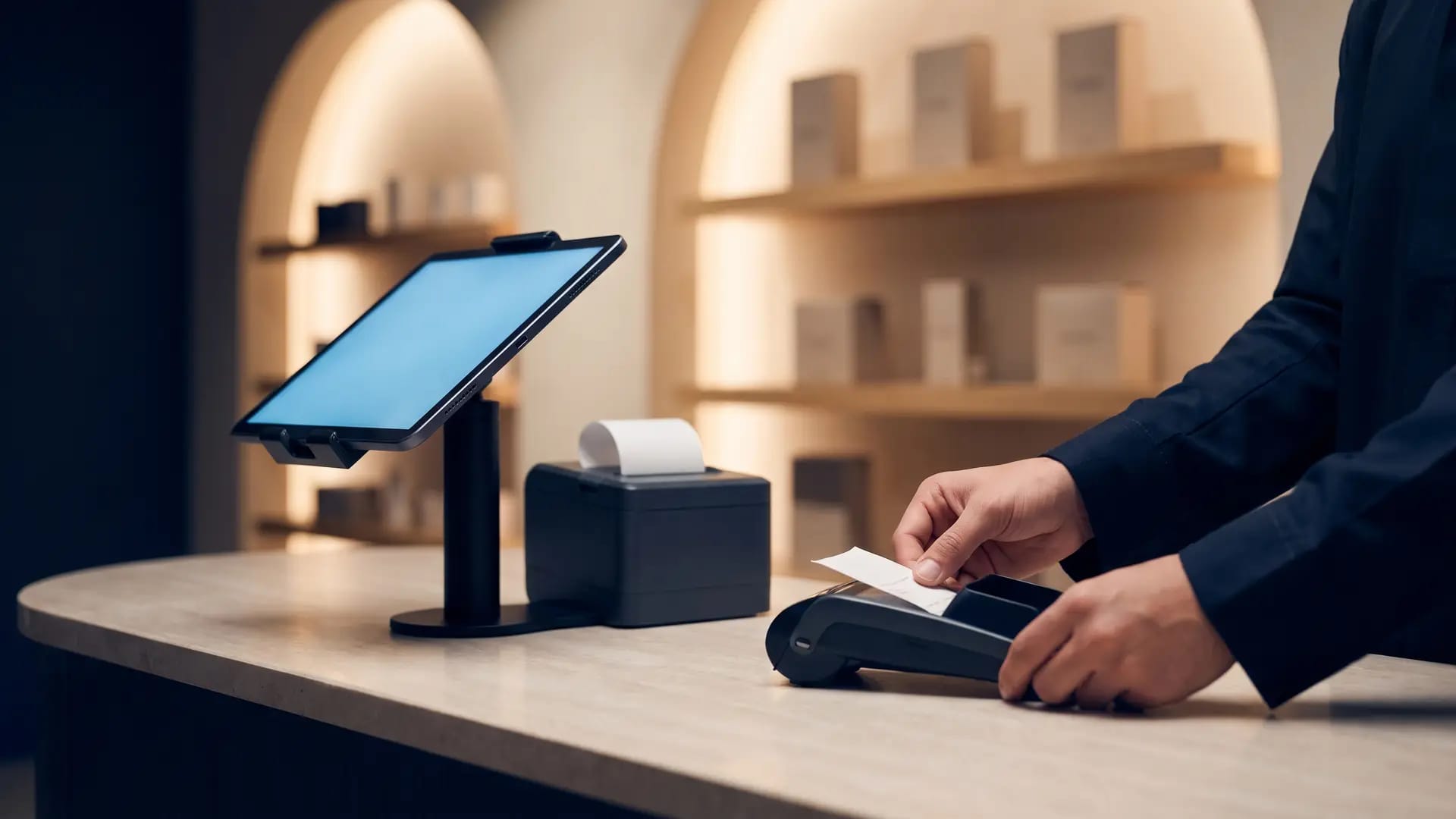 A tablet point-of-sale terminal, card reader and receipt printer on the stone counter of a modern Saudi boutique